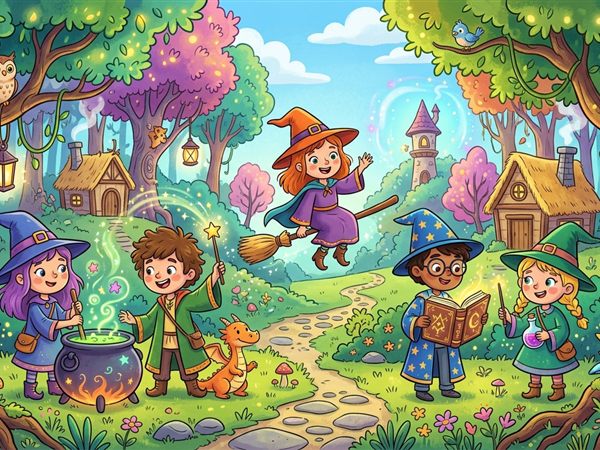 Young witches and wizards in a magical forest