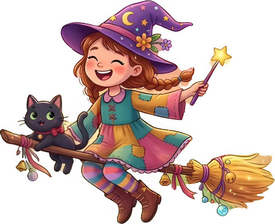 A cheerful girl witch riding a broomstick with her black cat